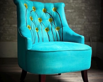 Whimsical Hand Painted Turquoise Accent Chair with Floral Button Details