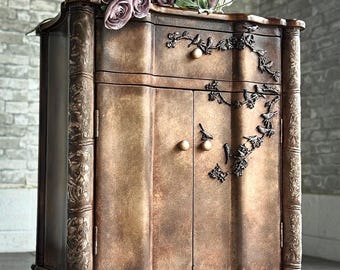 SOLD OUT***Painted Cabinet with Bird Branches, Stained, Refinished, Storage, End Table.