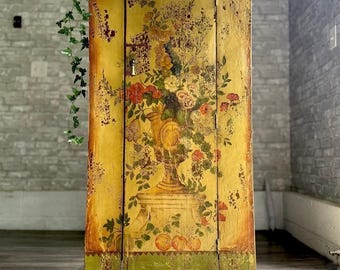 SOLD OUT***Hand Painted Vintage Floral Jelly Cabinet, Distressed  Accent Armoire, Rustic Pentry Storage Cabinet, Moody Botanical Entryway