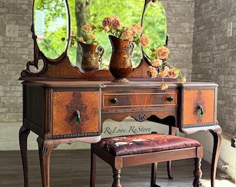 SOLD OUT***Restored Vintage Desk/Vanity Set with Mirror and Bench