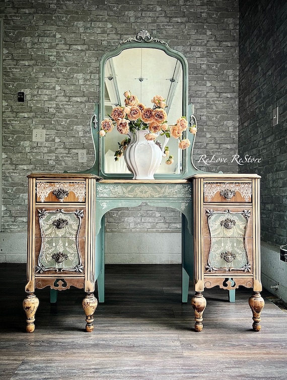 antique ladies dressing table SOLD OUTVintage Blue Painted Vanity Set with Mirror, Romantic primary-color-grey