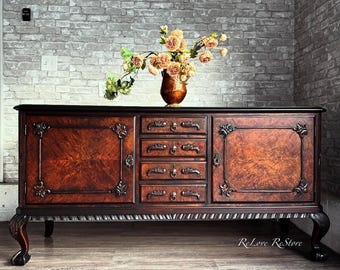 SOLD OUT***Restored Vintage Buffet/Sideboard: Two-Tone Wood, Lion Head Pulls, Claw Feet