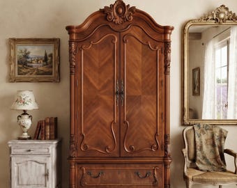 SALE PENDING***French Vintage Armoire by Pulaski Furniture,  Wardrobe with Carved Details and Chevron Doors, Media Cabinet, Storage
