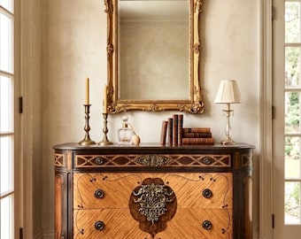 SOLD OUT*** Refinished Vintage Bombe Dresser with Intricate Wood Inlay & Gilded Scrollwork Moulding. Antique Style Credenza, Buffet.