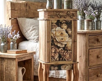 Moody, Romantic, Refinished, Free Standing Jewelry Armoire with Mirror