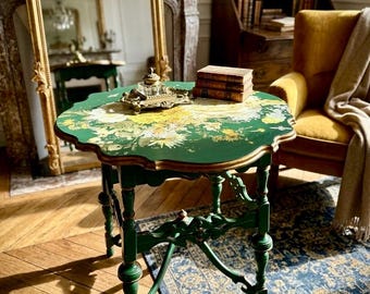 SOLD OUT***Painted Antique Ornate Victorian Parlor Table, Refinished with Floral Top, Golden accents