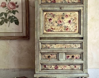 SOLD OUT***Hand Painted Botanical Secretary Desk, Floral Decoupage Dresser, Romantic Home Office Storage