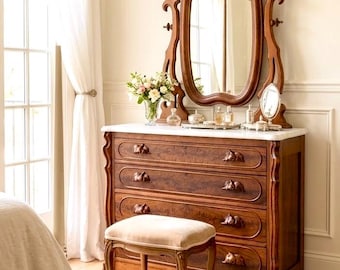 Victorian Burled Walnut Vanity Dresser with Scalloped Marble Top, Swinging Pier Mirror