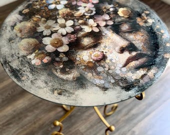 SOLD OUT*** Glass Top Table with Gilded Wrought Iron Stand – Reflective Mirror Image Art Furniture