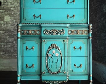 NEW***Vintage Dresser/Tallboy/Painted/Refinished/Blue/French/Victorian/Antique/Storage/Armoire/Cabinet