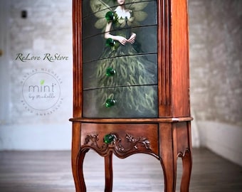 SOLD OUT***Refinished Jewelry Armoire: Fairy Image, Emerald Glass Knobs