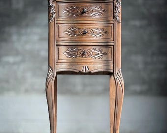 SOLD OUT***Louis XV Style French Country Nightstand, Hand-Restored Wood Chest, Ornate Carved End Table