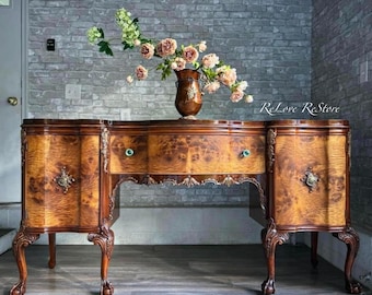 SOLD OUT***Vintage Restored Burl Walnut Buffet with Claw Feet & Uranium Glass Knobs