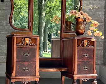 Refinished Walnut Burl Tri-Fold Mirror Vanity, Dark Academia Dressing Table