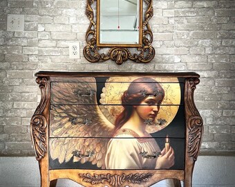SOLD OUT***Painted Bombe Chest, Angel Art, Vintage Golden Mirror, Restored Nightstand