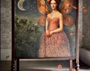 Hand Painted Celestial Fairy Armoire Cabinet, Moody Romantic Dark Academia Restored Storage, Vintage European Whimsical Chifforobe
