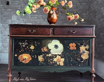 SOLD OUT***Refinished Vintage Dresser/Lowboy/Chest of Drawers/Antique/Painted/Stained/Floral/Spring/Refinished