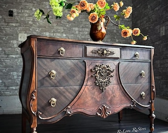 SOLD OUT***Restored Bombe Dresser: Vintage Style, Ornate Gilded Hardware
