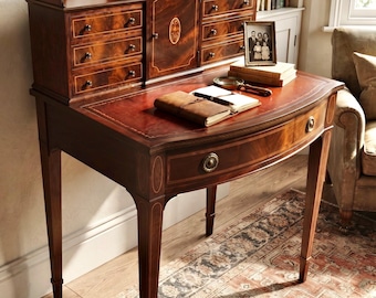 Vintage Genuine Mahogany Federal Style Inlaid Bow Front Ladies Writing Desk with Leather Top and Multiple Functional Drawers