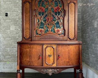 SOLD OUT***Restored Walnut China Cabinet by Hanover: Stained Glass Effect, Interior Lights
