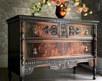 SOLD OUT***Vintage Low Boy Dresser/Ornate/Burl Walnut/Green Man/Chest of Drawers/Restored