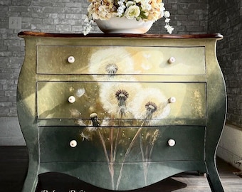 SOLD OUT***Refinished Bombe Chest, Painted Dandelions, Dresser