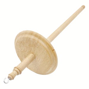 May include: A wooden spinning wheel with a round base and a long spindle. The wheel is made of light wood and has a smooth finish.