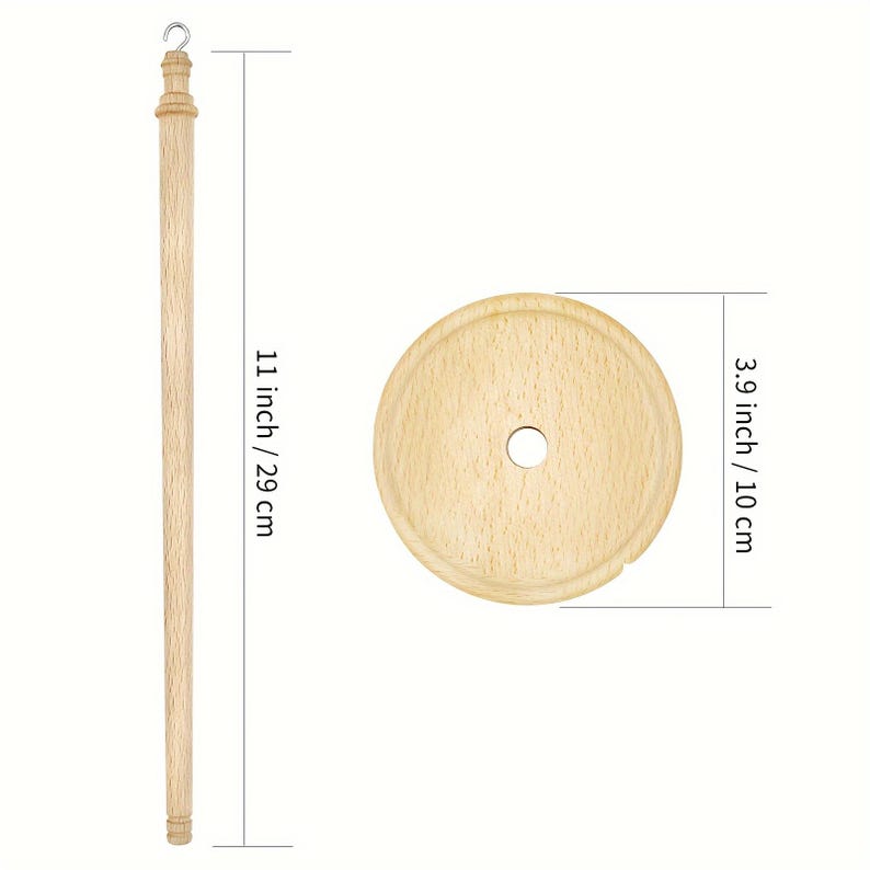 May include: A wooden towel rod with a round base and a hook at the top. The rod is 11 inches / 29 cm long and the base is 3.9 inches / 10 cm in diameter.