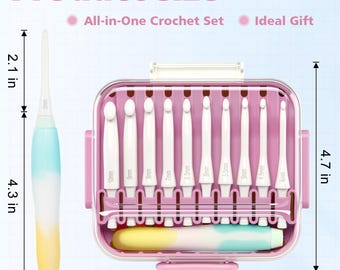 May include: A crochet hook set in a pink storage case with white hooks ranging from 4mm to 10mm. The set includes a gradient-colored handle with blue, white, and yellow tones. Dimensions are 2.1 inches, 4.3 inches, 0.8 inches, 4.7 inches, and 5.3 inches.