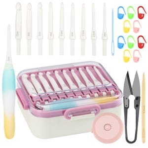 May include: A crochet set with white crochet hooks ranging from 4mm to 10mm, a case, stitch markers, a yarn needle, scissors, a tape measure, and a wooden tool. The case is white and pink.