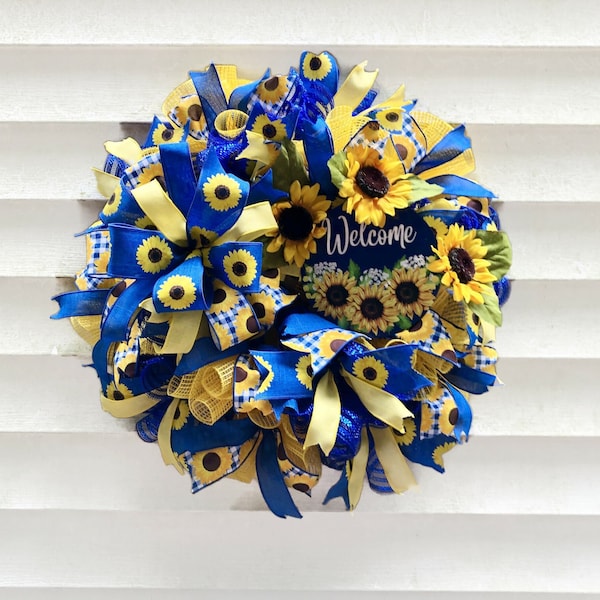 Sunflower Welcome Wreath | Royal Blue and Yellow Sunflowers Front Door Wreath | Summer Sunflowers | BeeDazzleWreaths