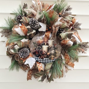 Rustic Christmas Candle Wreath for Front Door | Rustic Pine Cone Candle Door Decor | Farmhouse Christmas Candles | BeeDazzleWreaths