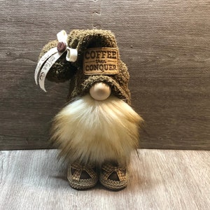 Coffee Then Conquer Gnome | Coffee Bar Gnome | Coffee Lover Decor | Gnome with Shoes | Tiered Tray Gnome