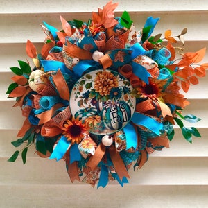 Hello Fall Pumpkin Wreath | Orange and Teal Pumpkin Wreath | Fall Wreath for Front Door | BeeDazzleWreaths