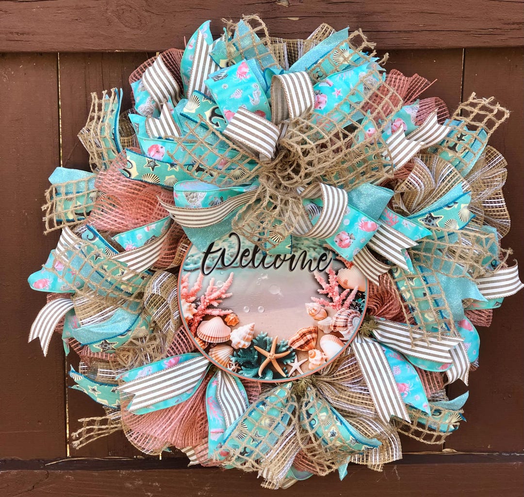 Beach Coastal Front Door Wreath | Peach and Beige Welcome Decor | Beach ...