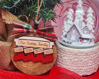 Personalized fireplace with stockings Family ornament. Keepsake, Wooden, 1-8 names. Free shipping