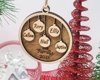 Personalized Christmas Family ornament. Wooden, 2-7 names. Free shipping