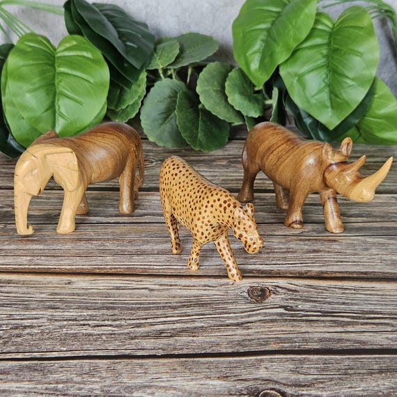 Small Carved Wooden Animal Figurines from Kenya African Safari Cheetah  Rhinoceros Elephant trio