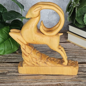 Wooden Ibex Ram Gazelle Antelope Figurine Hand Carved Wood Animal Sculpture