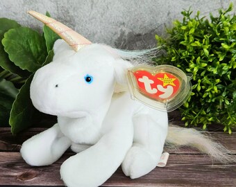White Unicorn Stuffed Animal Plushie with Pastel Mane and Tail, Mystic Beanie Baby 1993/94 Ty Toy
