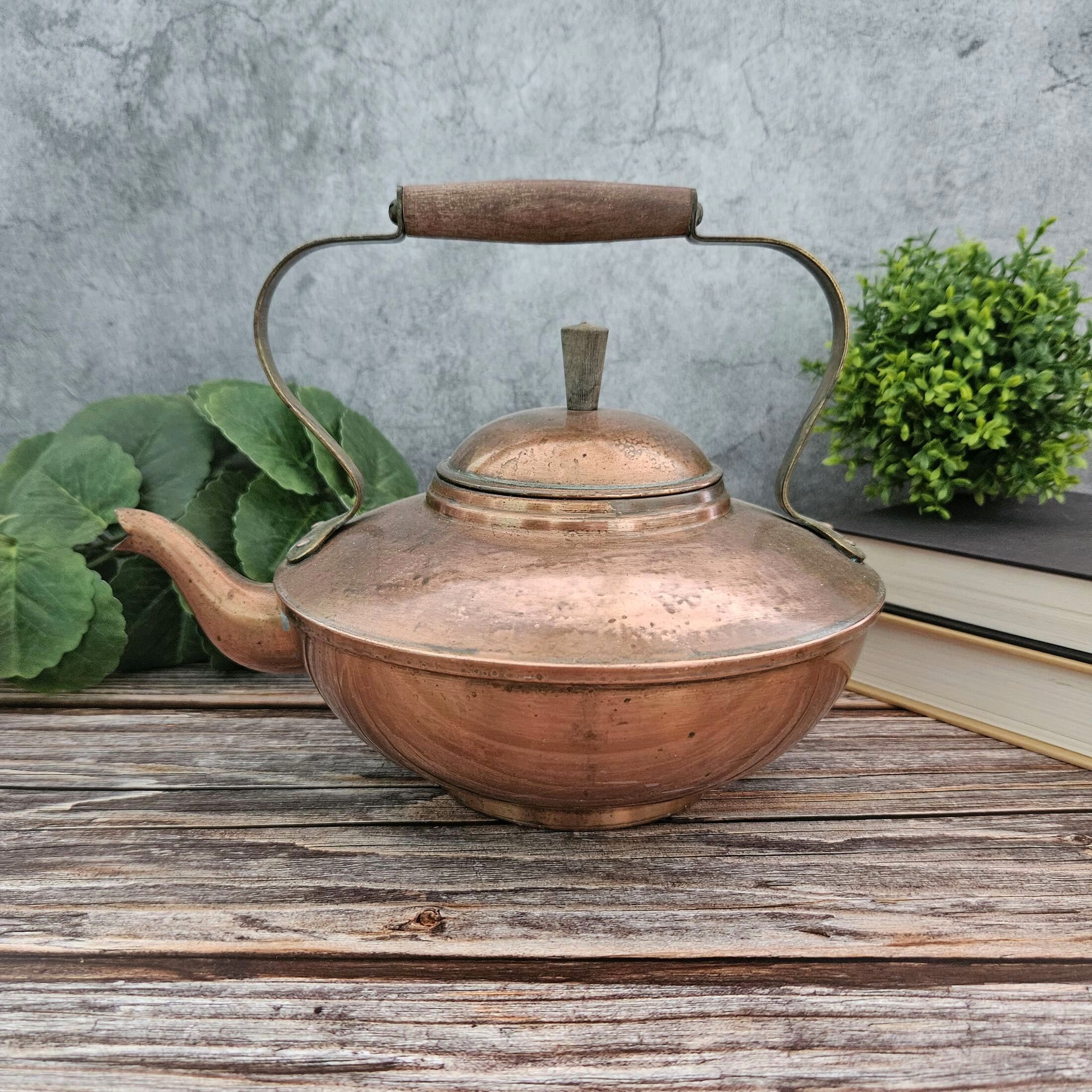 Farmhouse Vintage Copper Pot or Kettle, Brass Handles Portugal Metalutil  #39155