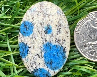 May include: A smooth, oval-shaped stone with a white and black speckled pattern and blue spots. The stone is next to a US quarter for size comparison.