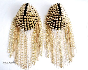 Mix Gold Chain Epaulette ,Black Epaulette With Gold Stud,Chain Tassel,Festival Clothing,Party Outfit,Chain Tassel,Party Outfit ,stage Outfit