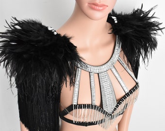 Feather Shoulder Pieces With Tassel,Feather Epaulettes With Rhinestone Collar,Festival Outfits,Harness Outfit,Rhinestone Collar//AMON