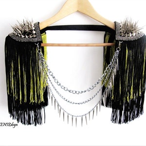Black Silver Stud Epaulette,Lime Tassel With Silver Rhinestone,Festival Wear,Silver Chain Epaulette(Gold optional) //KAIROS