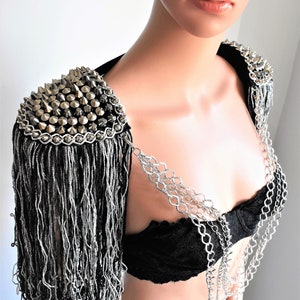 Black Melange Tassel Epaulette,Mix Silver Studded Epaulette,Festival Clothing,Party Outfit,Stage Outfit // AION