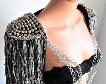 Black Melange Tassel Epaulette,Mix Silver Studded Epaulette,Festival Clothing,Party Outfit,Stage Outfit // AION