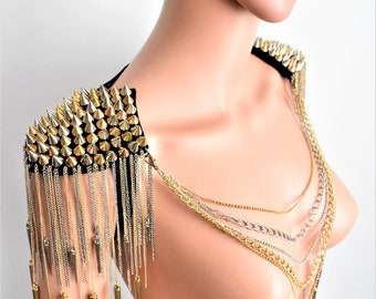 Chain Shoulder Jewelry,Shoulder Chain Epaulette,Punk Outfit,Festival Outfit,Festival Clothing,A pair of Spiked Earrings are GIFT!!