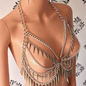 Silver Chain Bralette,Body Chain Jewelry,Body Jewelry,Chain festive, Gothic Chain Bra,Silver Chain Outfit,Chain Body Necklace,Earrings Gift