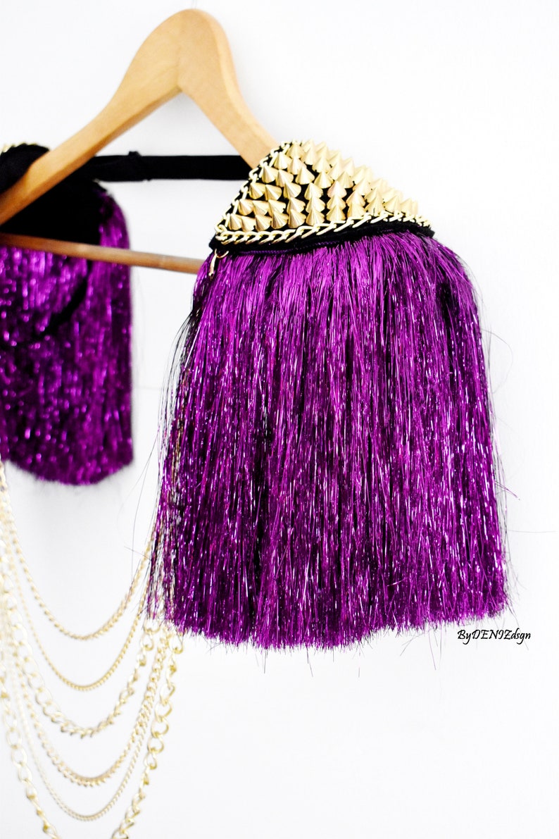 Purple Tassel,Silver Studded Epaulette With Purple Lurex,Gold Stud & chain Optional,Festival Clothing,Party Outfit//GAYA image 2